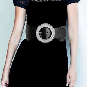 Silver Black Rhinestone Circle Buckle Elastic Belt Stretch Fashion Accessory